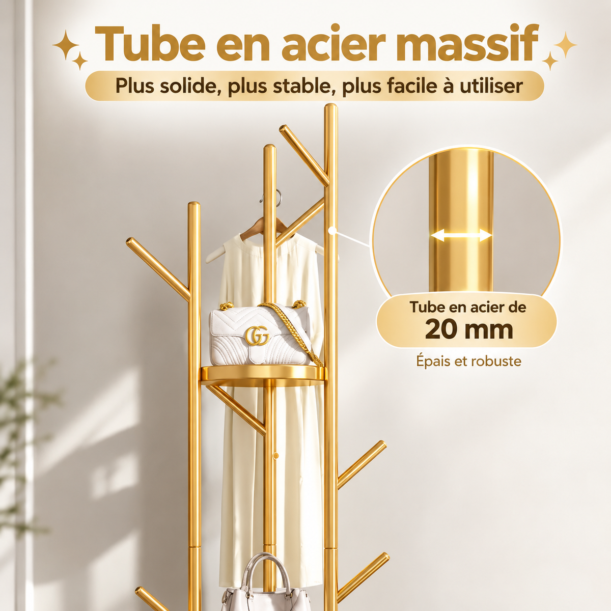 Porte-manteau sur pied en métal avec étagères intégrées