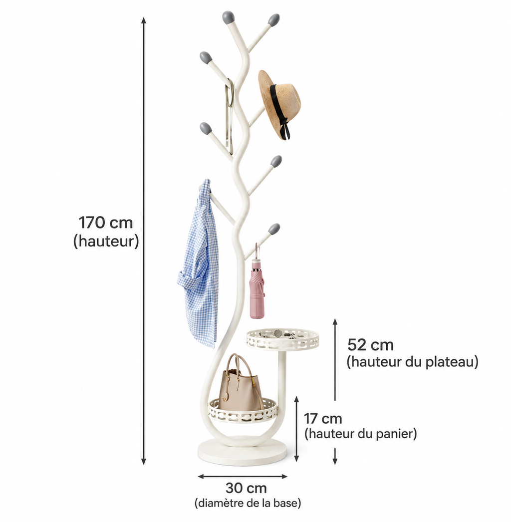 Porte-manteau arbre en métal noir avec rangement intégré
