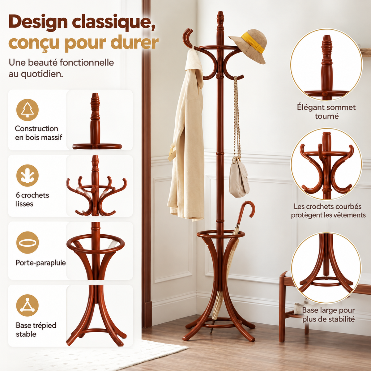 Porte-manteau perroquet en bois au style classique