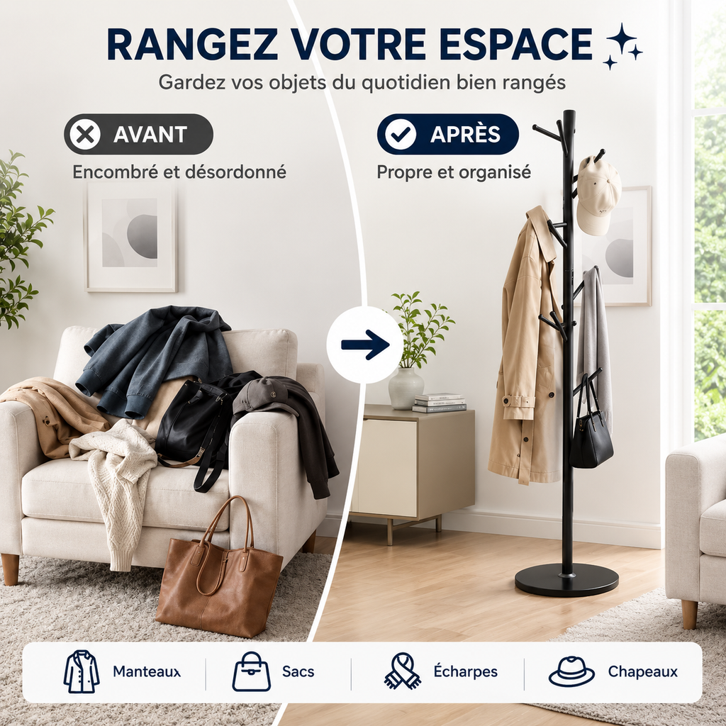 Porte-manteau sur pied en métal noir au design moderne
