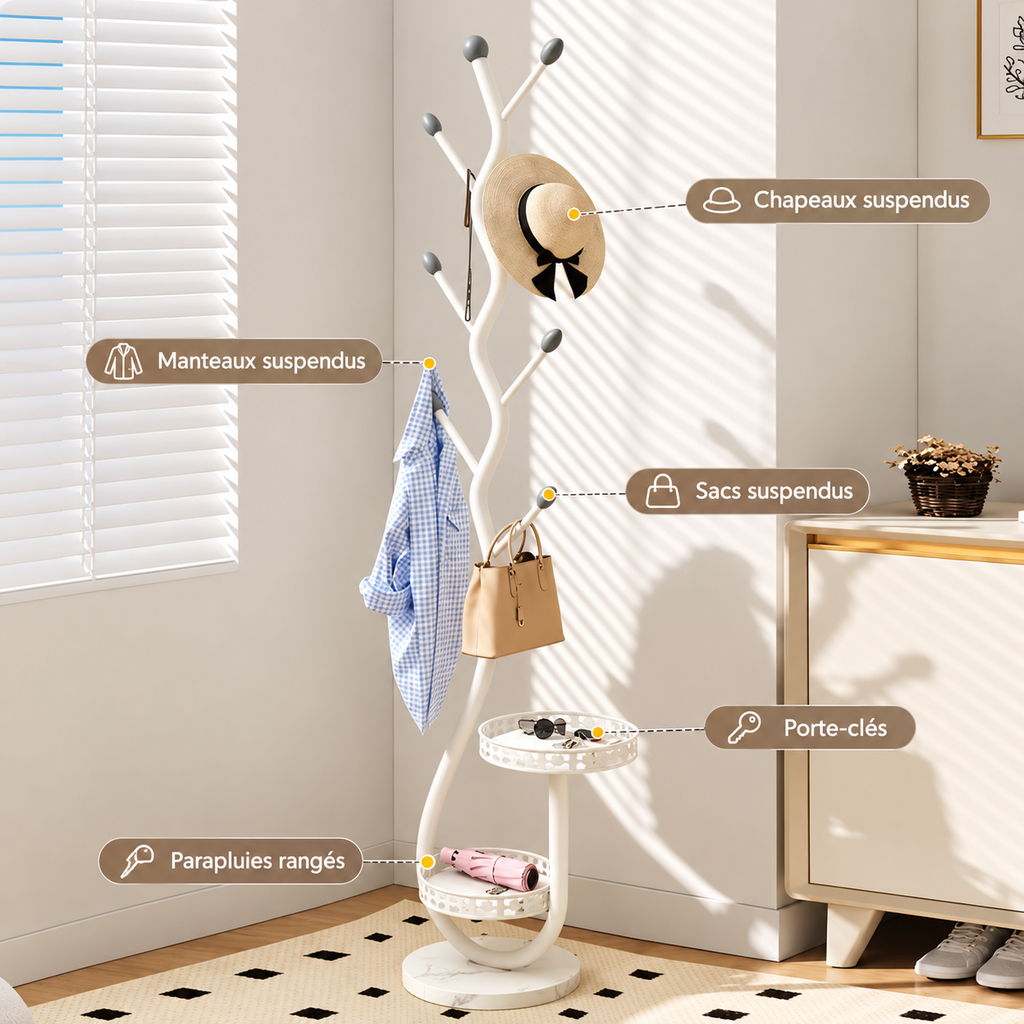 Porte-manteau arbre en métal noir avec rangement intégré
