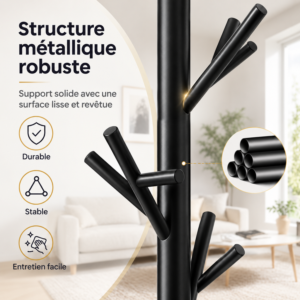 Porte-manteau sur pied en métal noir au design moderne